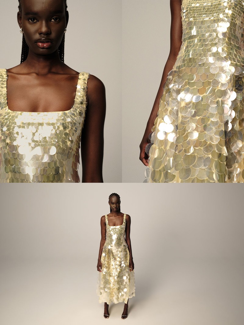 Embellished Disc Sequin Square Neck Full Skirt Midi Dress, £210