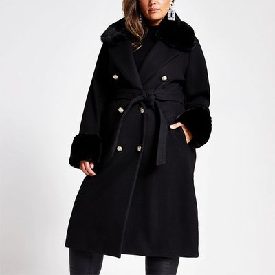 Plus Black Faux Fur Collar Belted Coat
