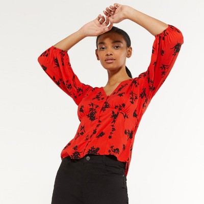 Red Floral Button Front Tea Blouse