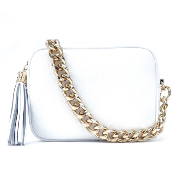 The Tassel White Crossbody Bag With Gold Chain