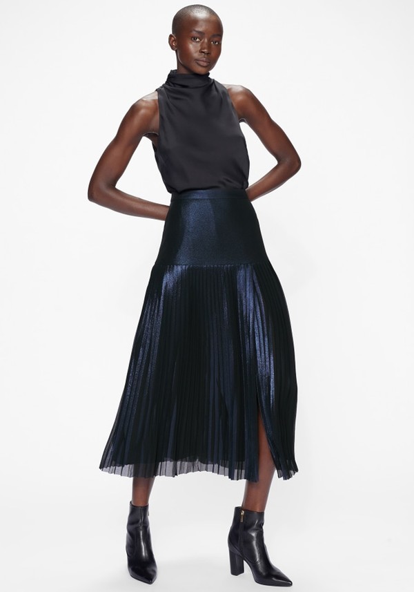 Metallic Pleated Midi Skirt