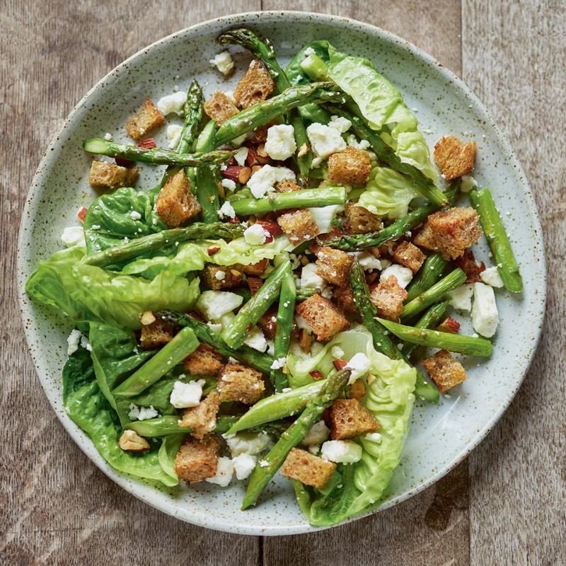 Roast Asparagus, Feta, Almonds & Sourdough Croutons