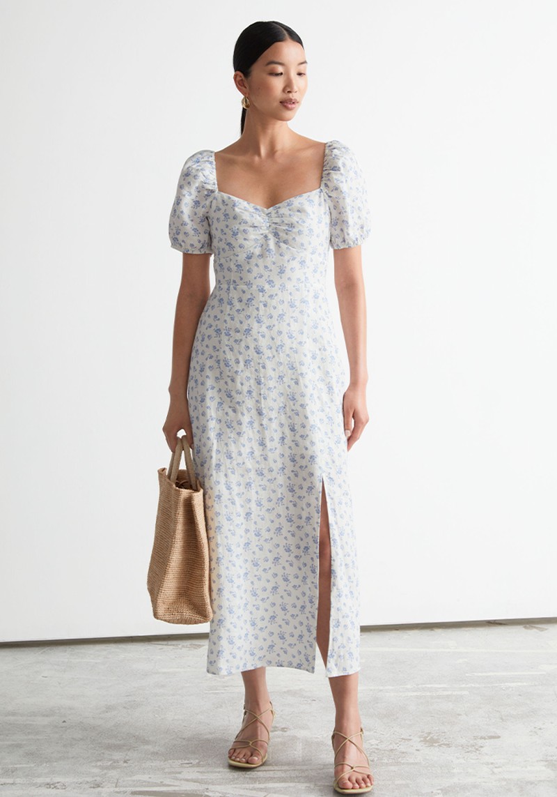 Puff Sleeve Linen Midi Dress