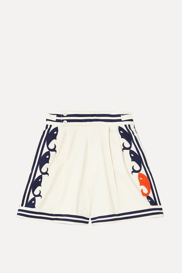 Marine Pleated Striped Embroidered Organic Cotton Shorts from ALÉMAIS
