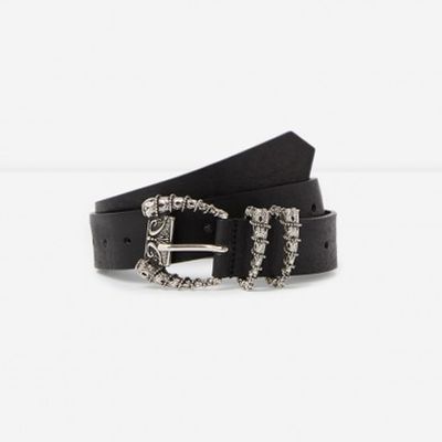 Black Leather Belt with Silver Horn Buckle from The Kooples