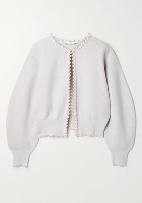 Faux Pearl-Embellished Distressed Wool-Blend Cardigan from Alexander Wang