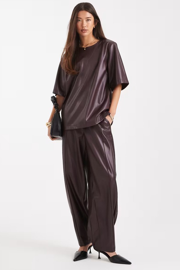 Faux Leather Barrel Leg Pull On Trousers & Oversized Top Co-Ord from ASOS DESIGN
