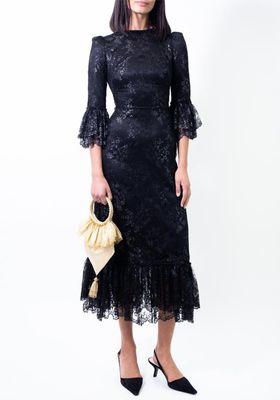 Black Lace Midi Dress With Metallic Detail