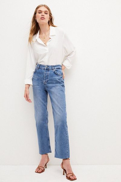 Mid Rise Straight Leg Raw Hem Jeans