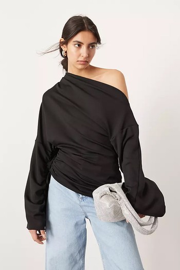 Jersey Off Shoulder Top With Ruched Sleeve Detail