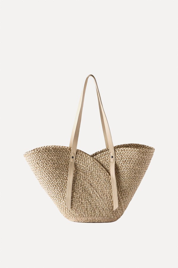 Neutral Scallop Leather Trim Straw Bag from Mint Velvet