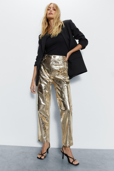 Crackle Faux Leather Straight Trousers from Warehouse
