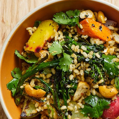 Crispy Brown Rice With Deeply Roasted Broccoli, Carrots & Turnips 