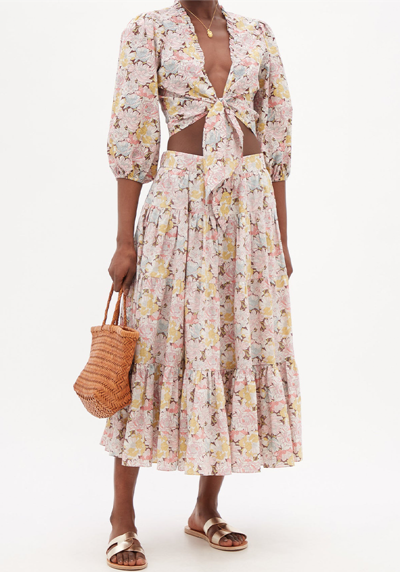 Fontelli Floral-Print Tiered Cotton Midi Skirt from Loup Charmant