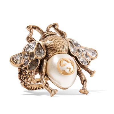Burnished Gold Tone Faux Pearl and Crystal Ring from Gucci