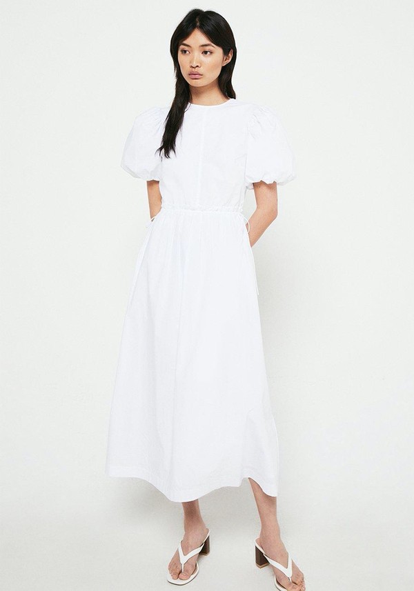 Cotton Poplin Puff Sleeve Tie Midi Dress from Warehouse