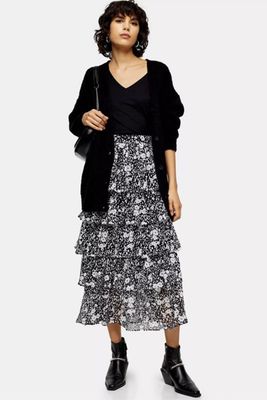 Black & White Floral Tiered Midi Skirt