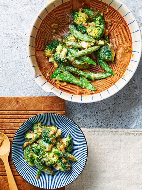 Broccoli & Sugar Snap Peas With Walnut Sauce