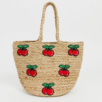 Rustic Straw Tote With Cherry Print from ASOS