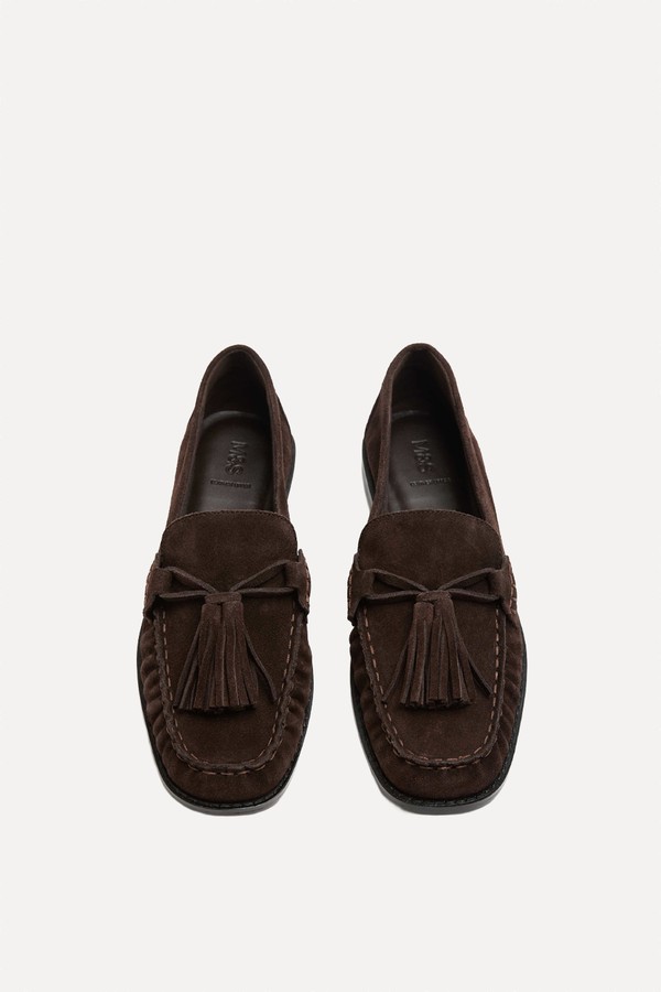 Suede Tassle Block Heel Square Toe Loafers