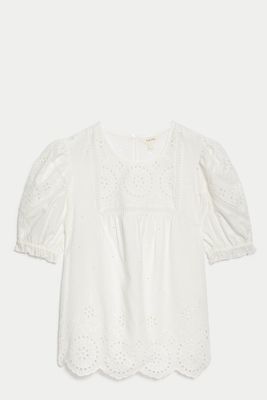 Pure Cotton Broderie Puff Sleeve Blouse from Marks & Spencer