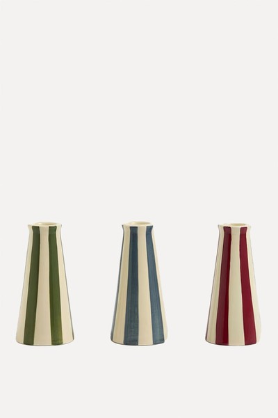 Set Of 3 Striped Ceramic Dinner Candle Holders from Marks & Spencer