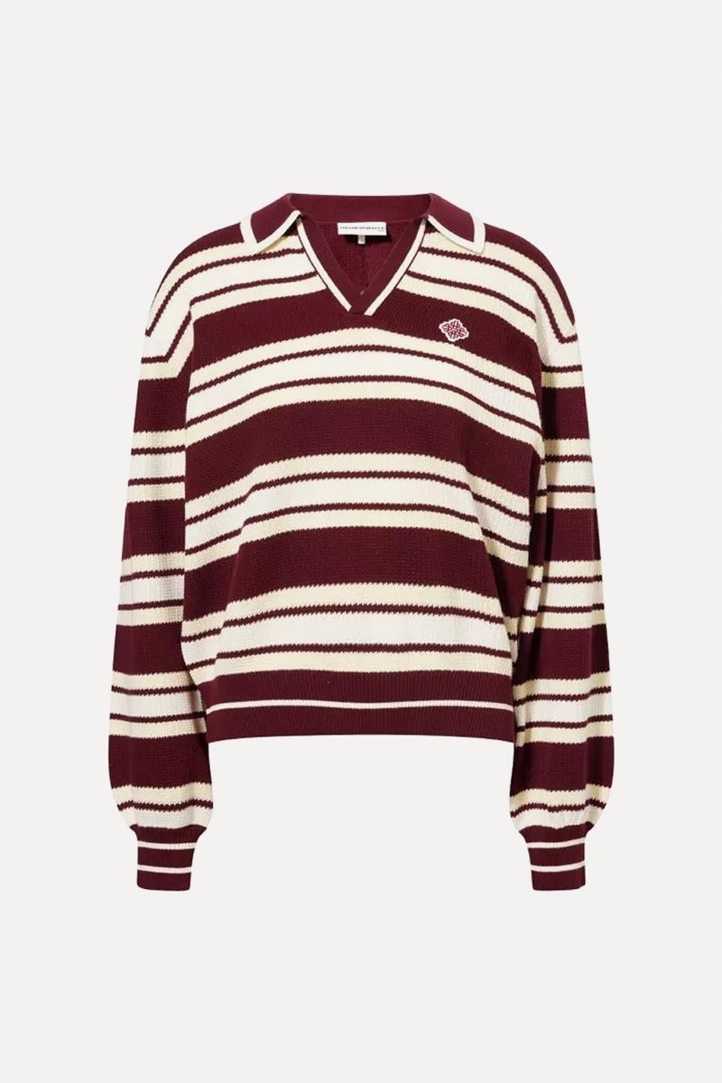 Stripe-Print Long-Sleeve Knitted Rugby Polo Top from The Couture Club