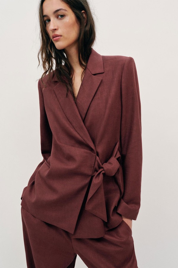 Double-Breasted Linen Blend Blazer With Tie Detail from Zara
