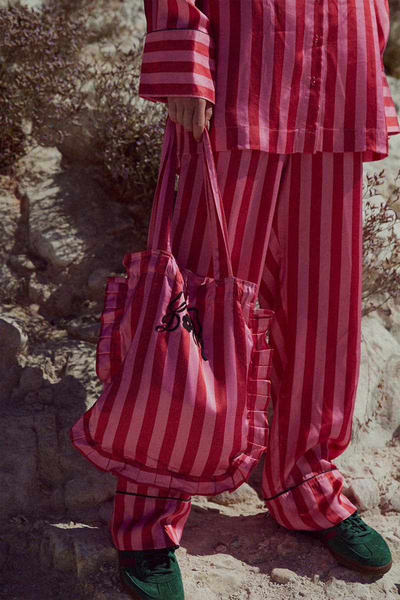 Stripe Bag With Frill Edge & Embroidery