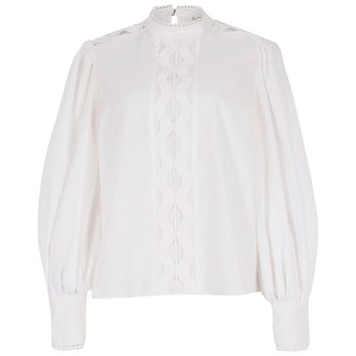 White Curved Lace Long Sleeve Poplin Shirt