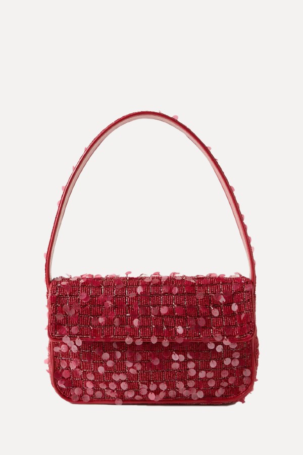 Tommy Faux Leather-Trimmed Embellished Satin Shoulder Bag from Staud