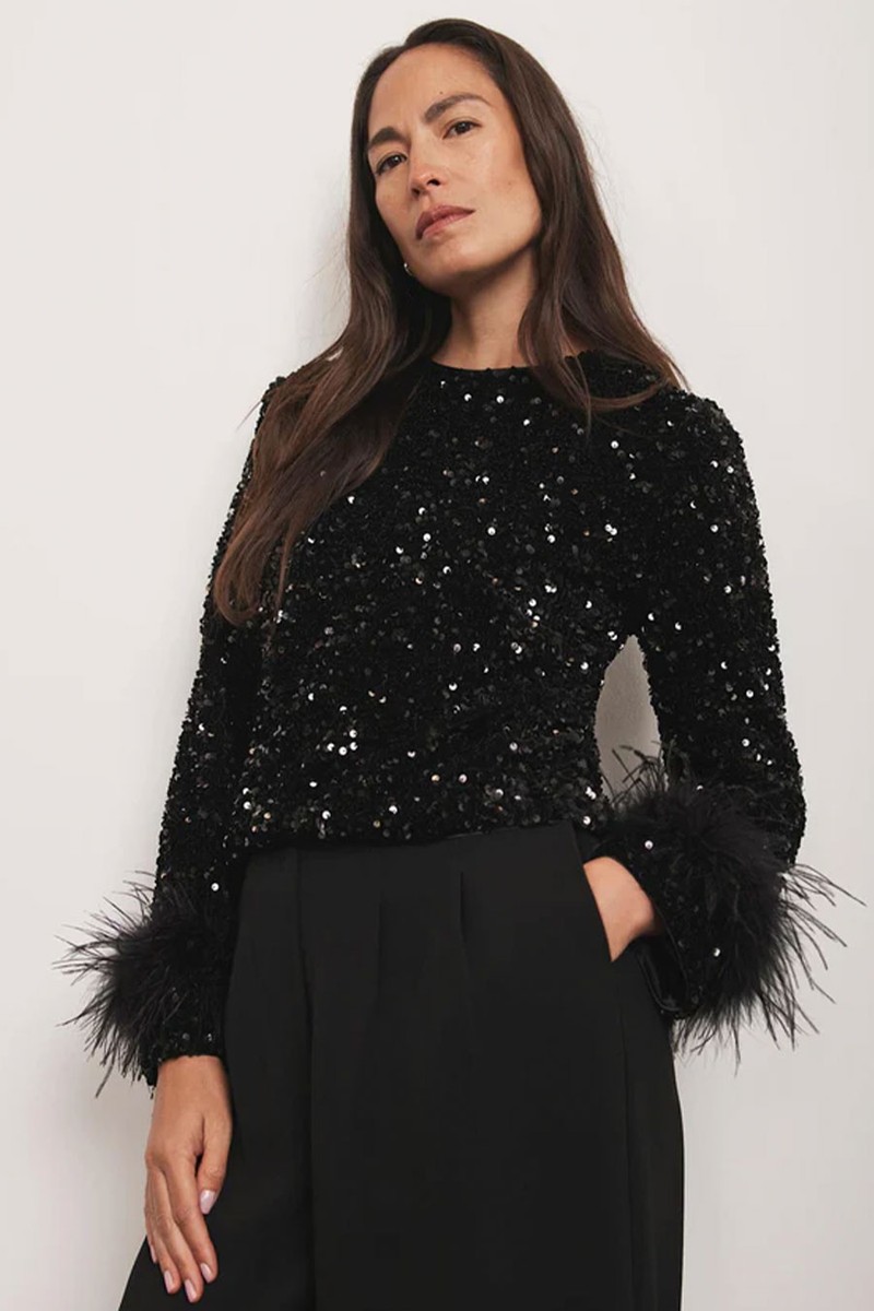 Sequin Embellished Feather Trim Top from Mint Velvet
