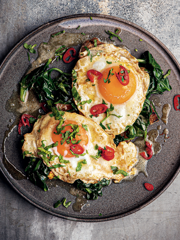 Fried Eggs And Spinach With Chilli And Parsley Butter