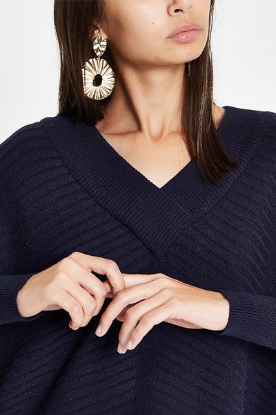 Navy Ribbed Knit V Neck Jumper