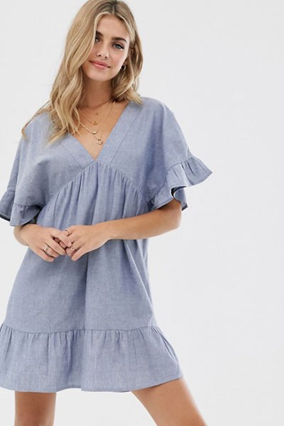 V Front V Back Smock Mini Dress In Chambray