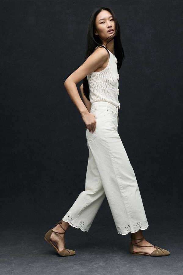  High Waisted Broderie Wide Leg Cropped Jeans 