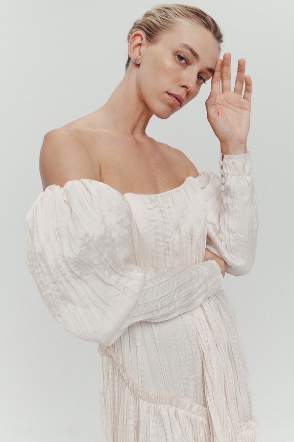 Presence Off-The-Shoulder Plissé Linen-Blend Maxi Dress from Aje