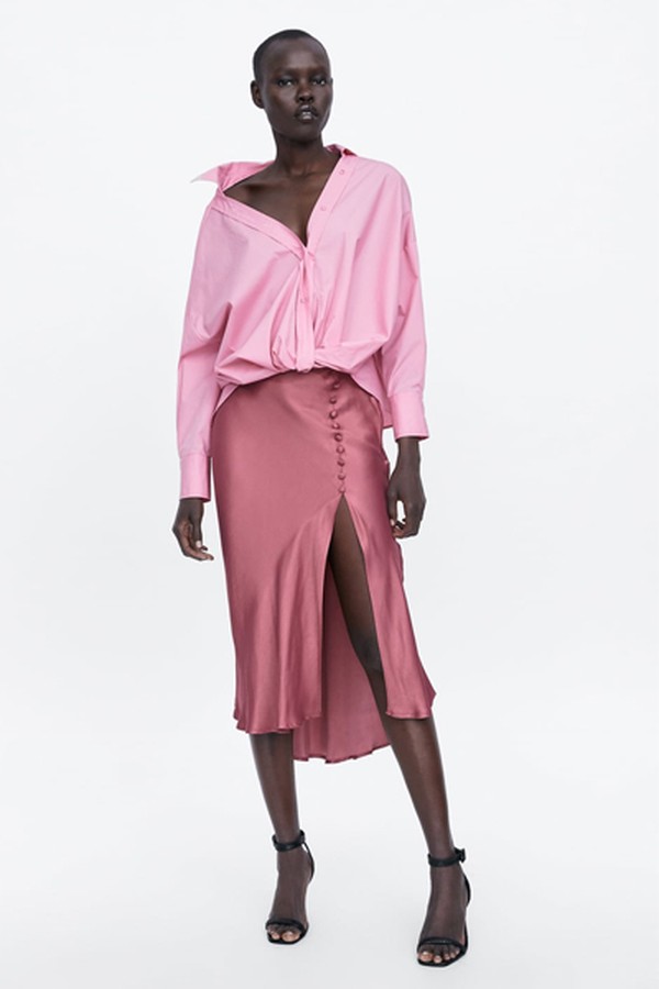 Satin-Finish Skirt With Buttons