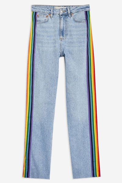 Mid Bleach Raw Hem Rainbow Side Stripe Straight Leg Jeans from Topshop