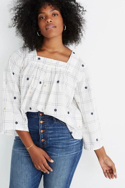 Embroidered Windowpane Square-Neck Button-Down Top