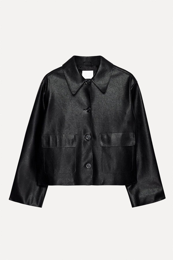 Button Detail Short Faux Leather Jacket