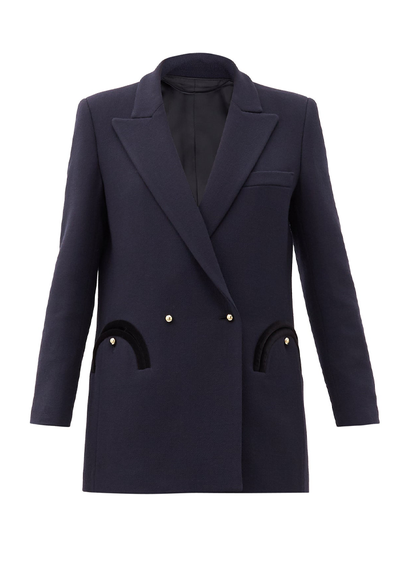 Resolute Everyday Double-Breasted Velvet-Trimmed Wool-Crepe Blazer from Blazé Milano