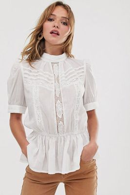 High Neck Top In Cotton With Lace Insert