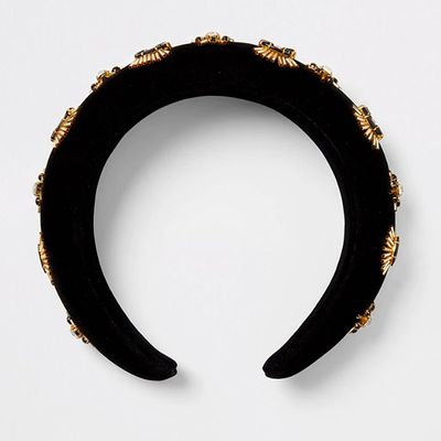 Black Embellished Velvet Padded Headband