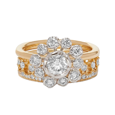18ct Gold Marguerite Diamond And Crown Ring Stack
