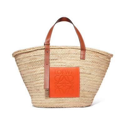 Large Leather-Trimmed Woven Raffia Tote