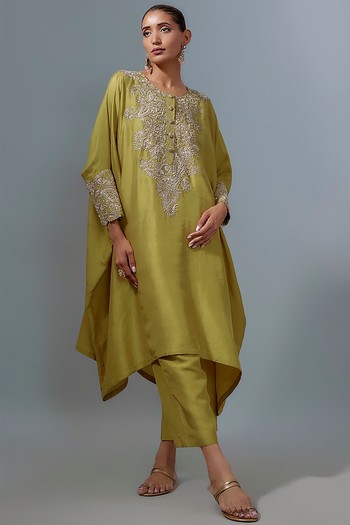 Lime Pure Silk Hand Embroidered Kurta Set from Mrunalini Rao