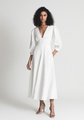 Christie Puff Sleeve Plunge Midi Dress from Reiss