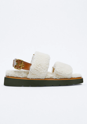 Faux Shearling Flat Sandals from Zara