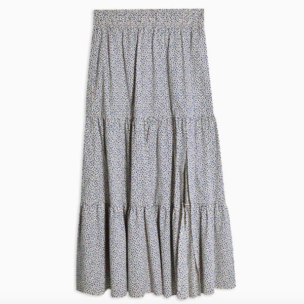 Cream Floral Print Tiered Midi Skirt